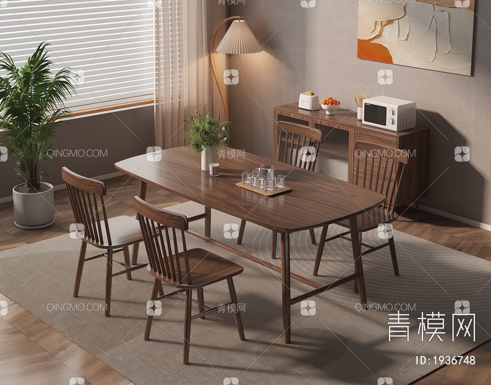 实木餐桌椅组合3D模型下载【ID:1936748】