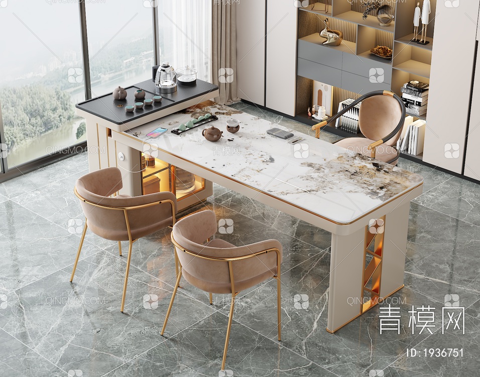 大理石茶桌椅组合3D模型下载【ID:1936751】