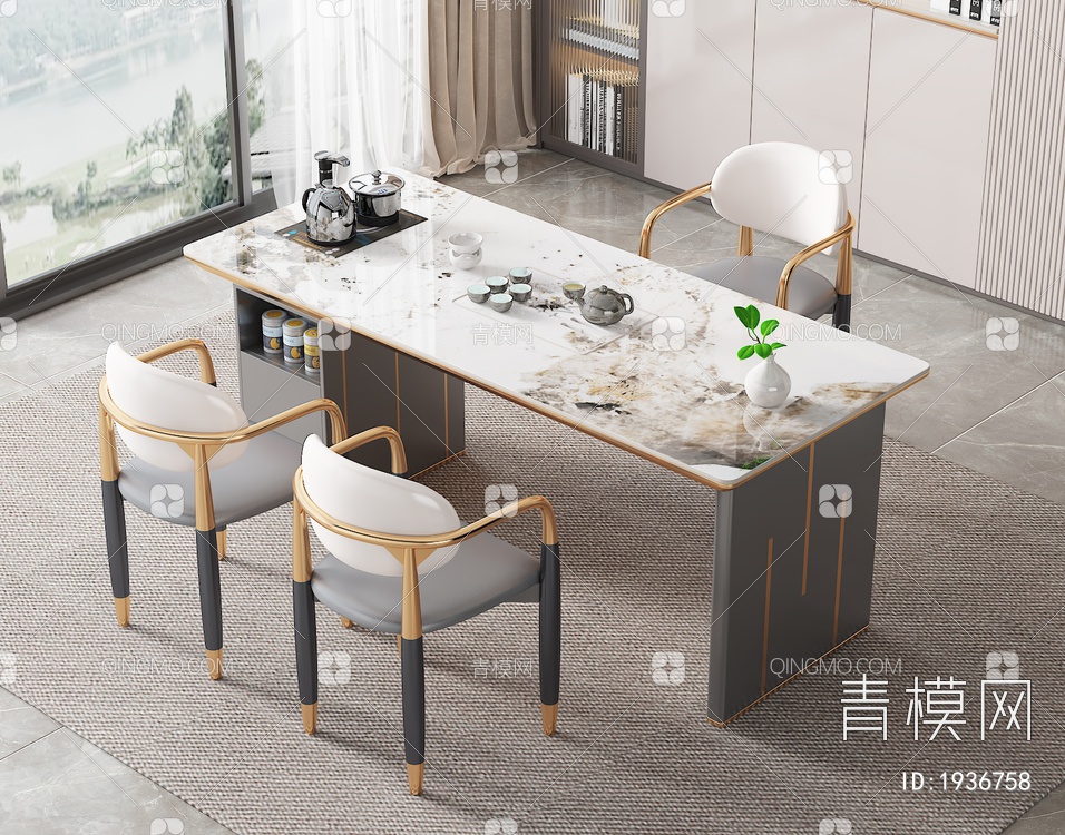大理石茶桌椅组合3D模型下载【ID:1936758】