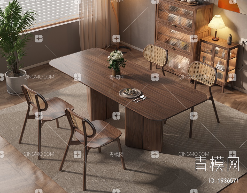 实木餐桌椅组合3D模型下载【ID:1936571】