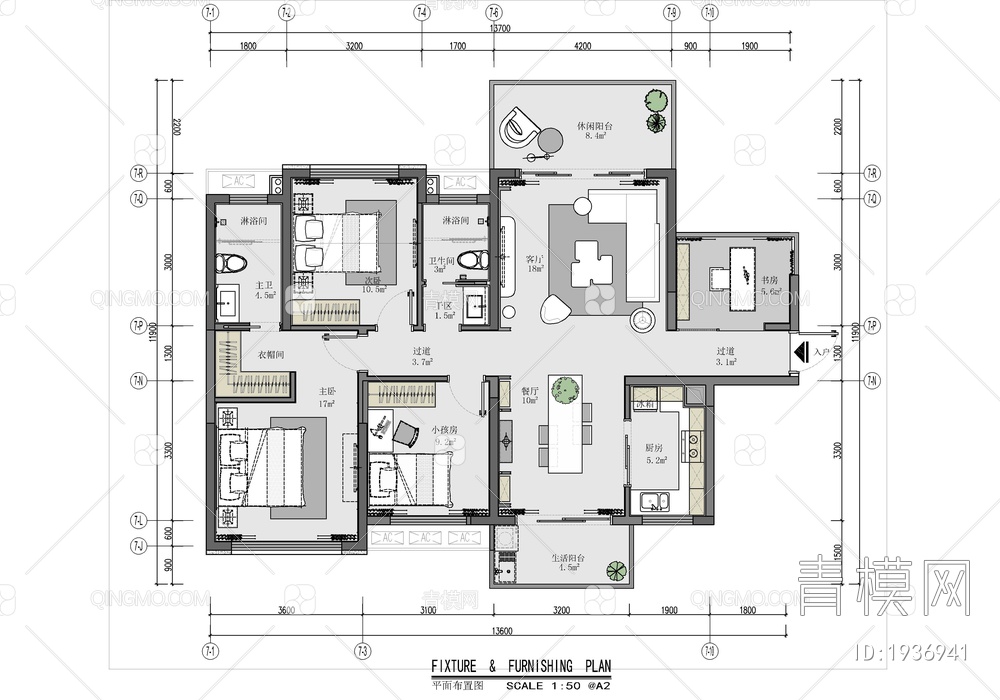 115㎡四居室家装施工图 家装 平层 私宅 样板房【ID:1936941】