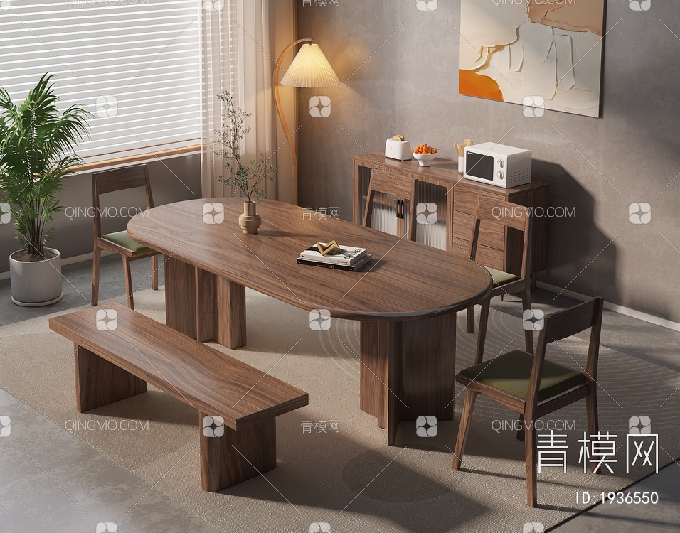 实木餐桌椅组合SU模型下载【ID:1936550】