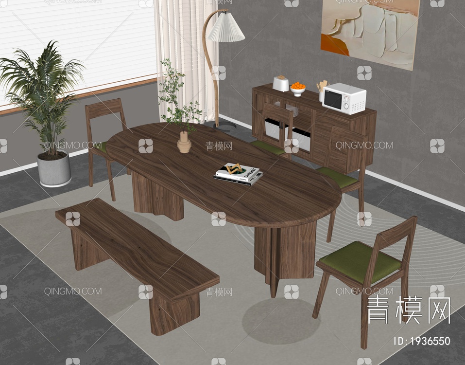 实木餐桌椅组合SU模型下载【ID:1936550】