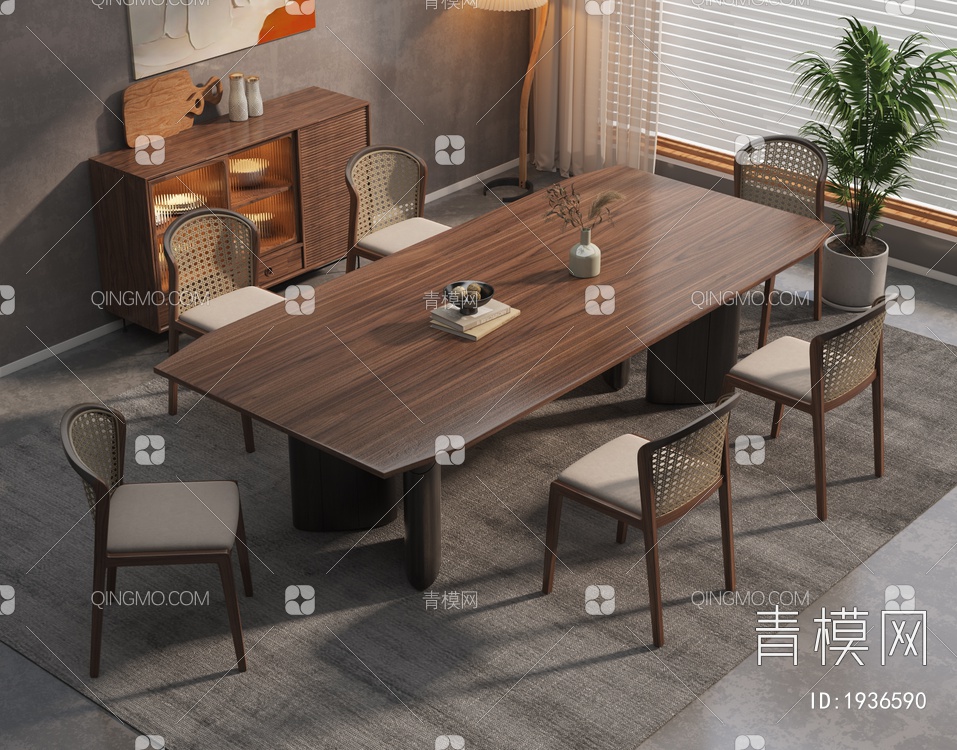 实木餐桌椅组合SU模型下载【ID:1936590】