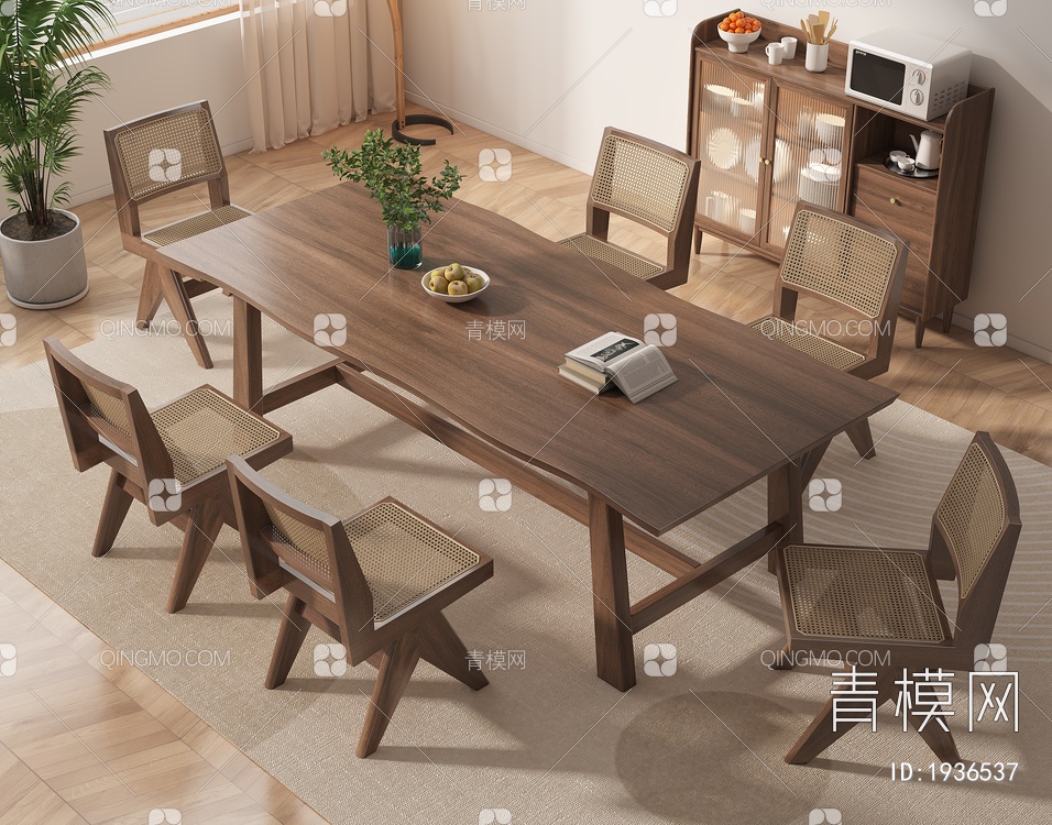 实木餐桌椅组合SU模型下载【ID:1936537】