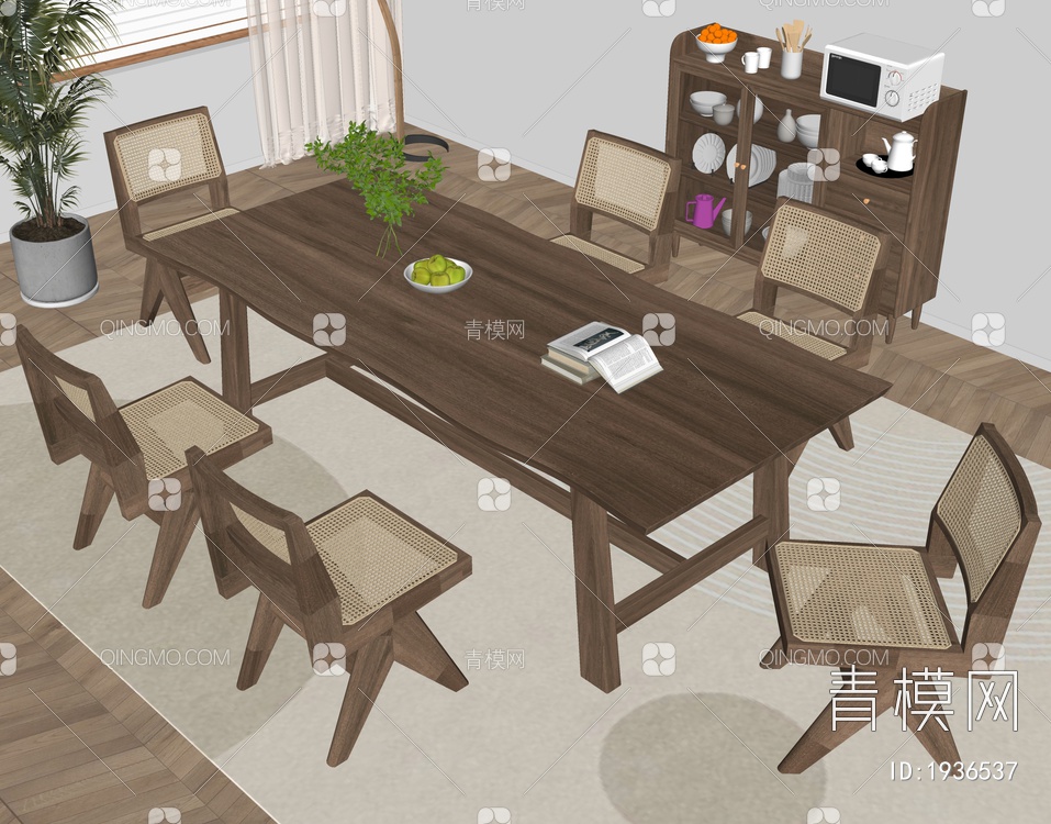 实木餐桌椅组合SU模型下载【ID:1936537】