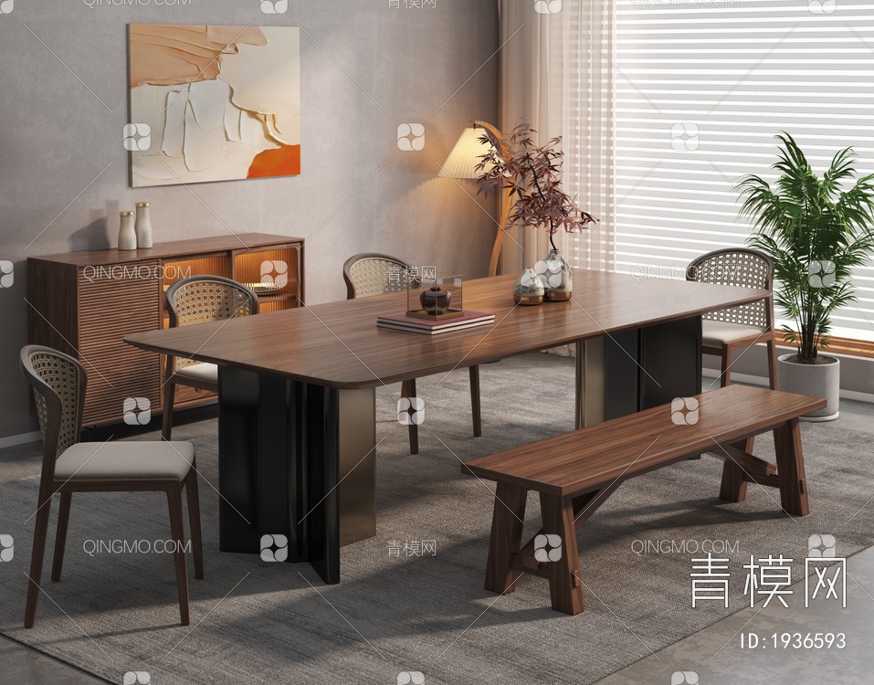 实木餐桌椅组合3D模型下载【ID:1936593】