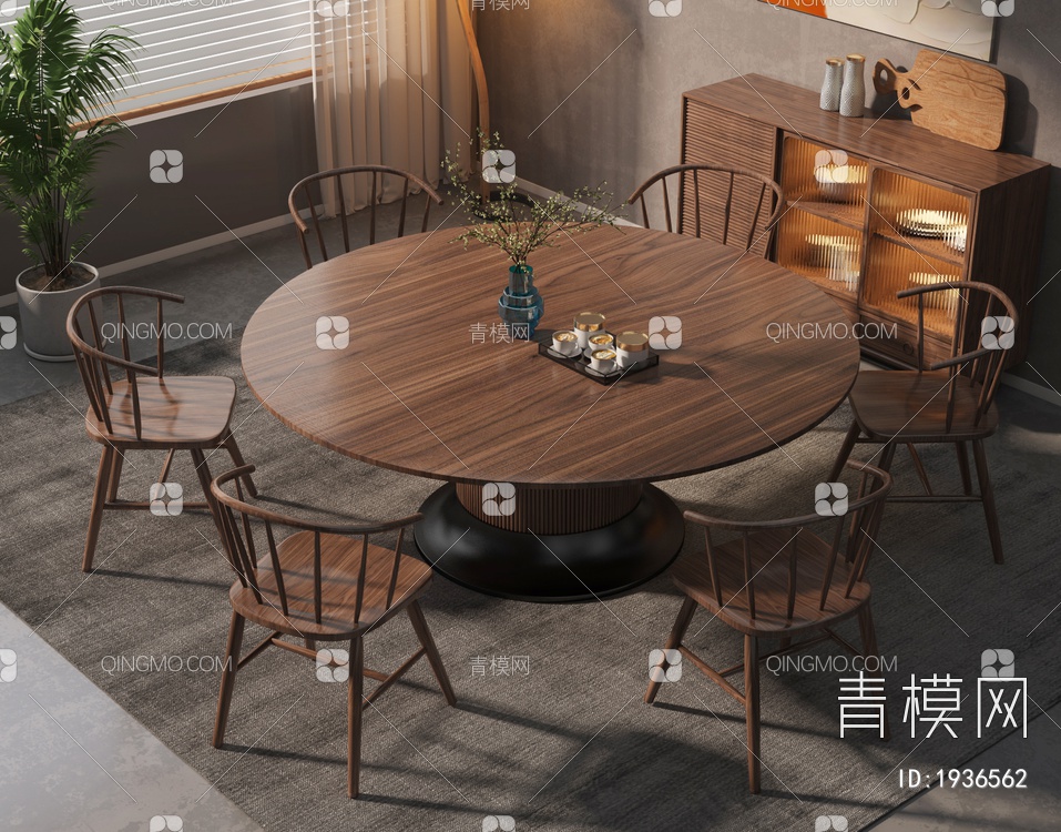 实木餐桌椅组合SU模型下载【ID:1936562】