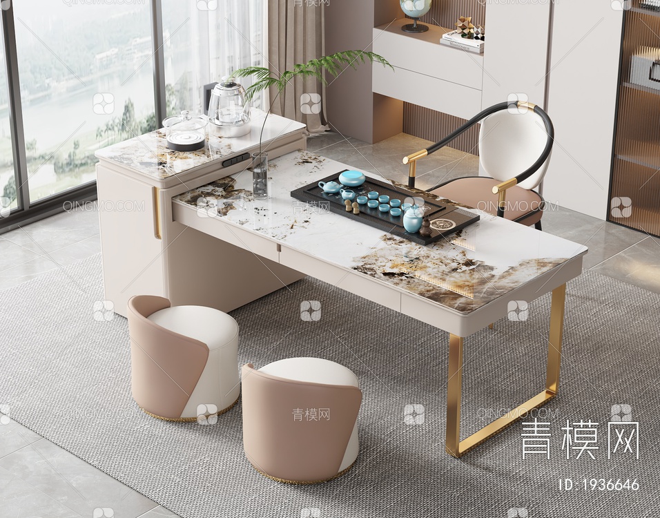 大理石茶桌椅组合3D模型下载【ID:1936646】