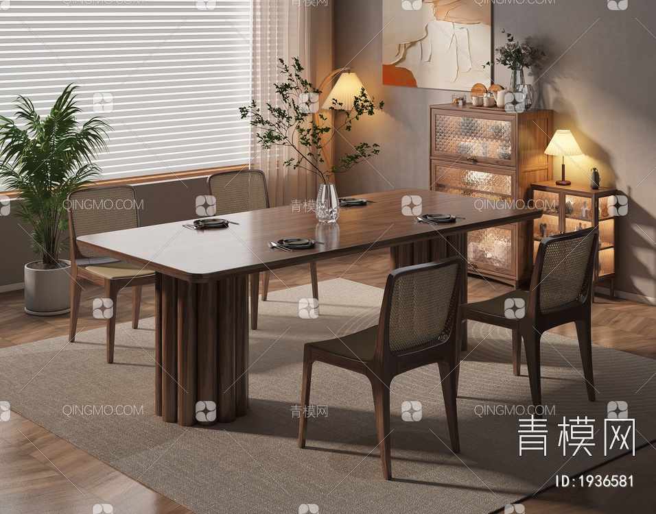 实木餐桌椅组合3D模型下载【ID:1936581】