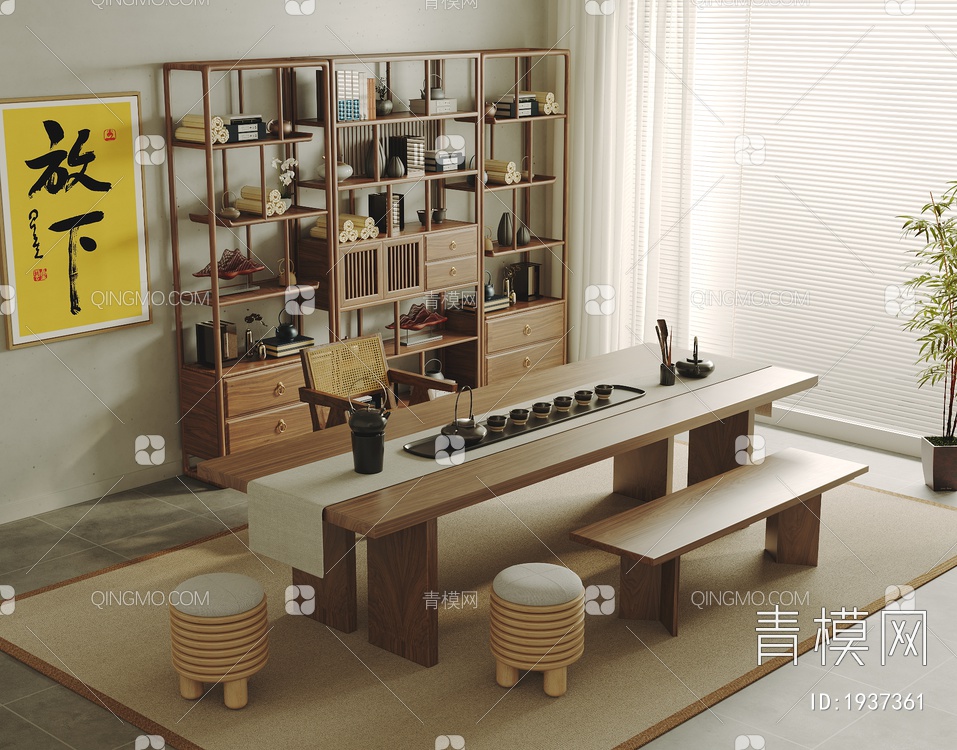 茶室 实木茶桌椅组合3D模型下载【ID:1937361】