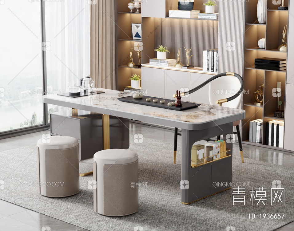 大理石茶桌椅组合3D模型下载【ID:1936657】