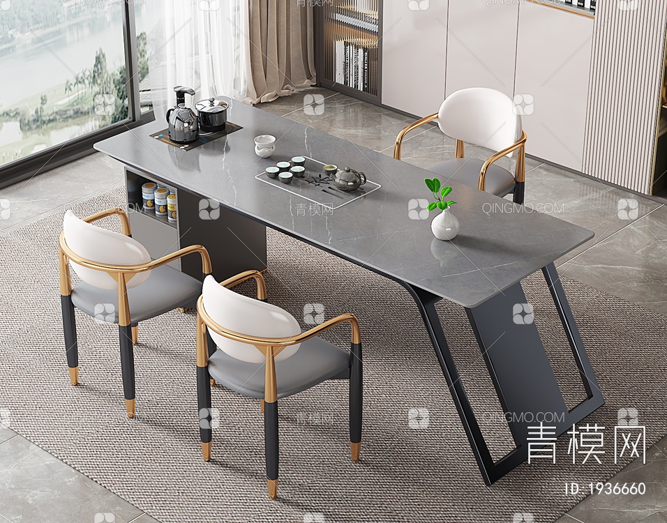 大理石茶桌椅组合3D模型下载【ID:1936660】