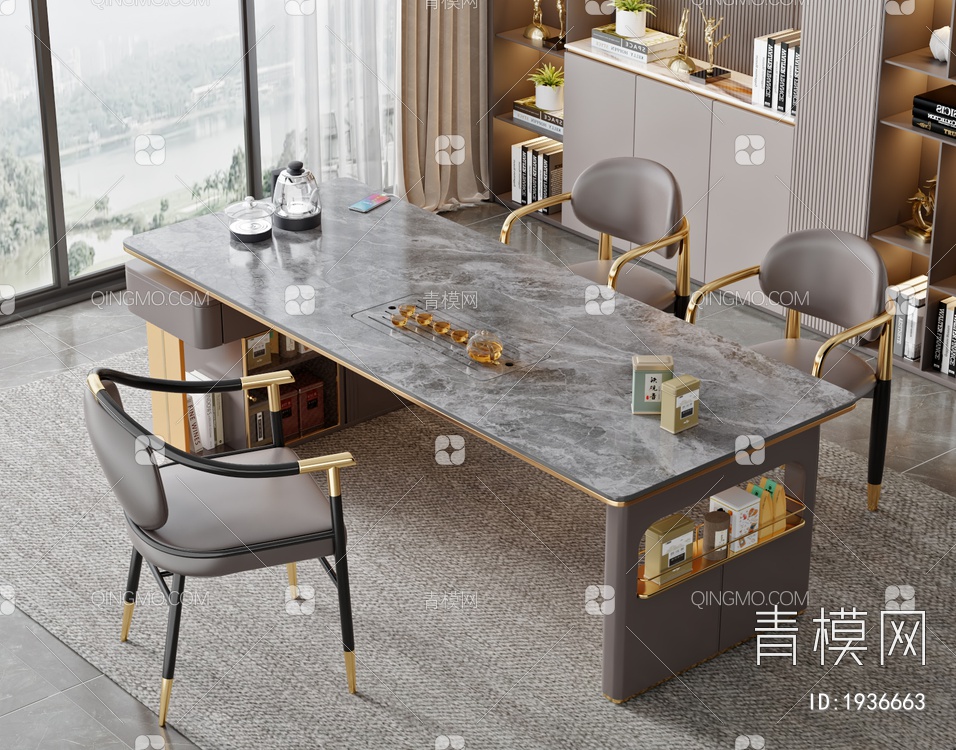 大理石茶桌椅组合3D模型下载【ID:1936663】