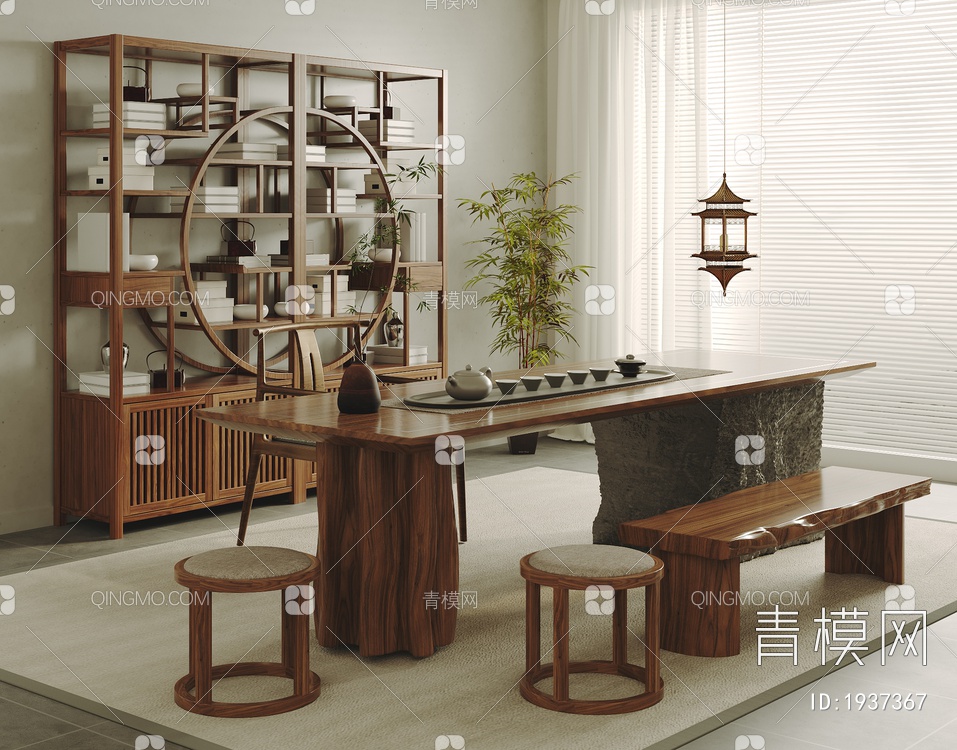茶室 实木茶桌椅组合3D模型下载【ID:1937367】