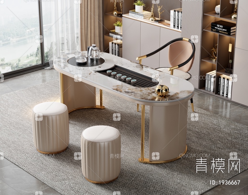 大理石茶桌椅组合3D模型下载【ID:1936667】