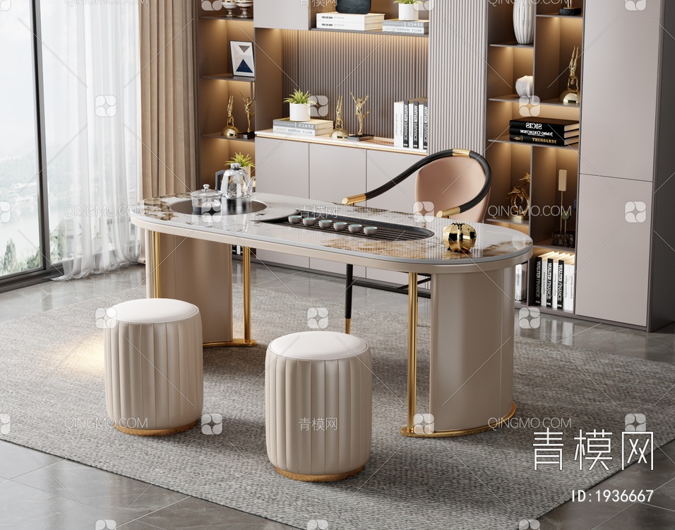 大理石茶桌椅组合3D模型下载【ID:1936667】