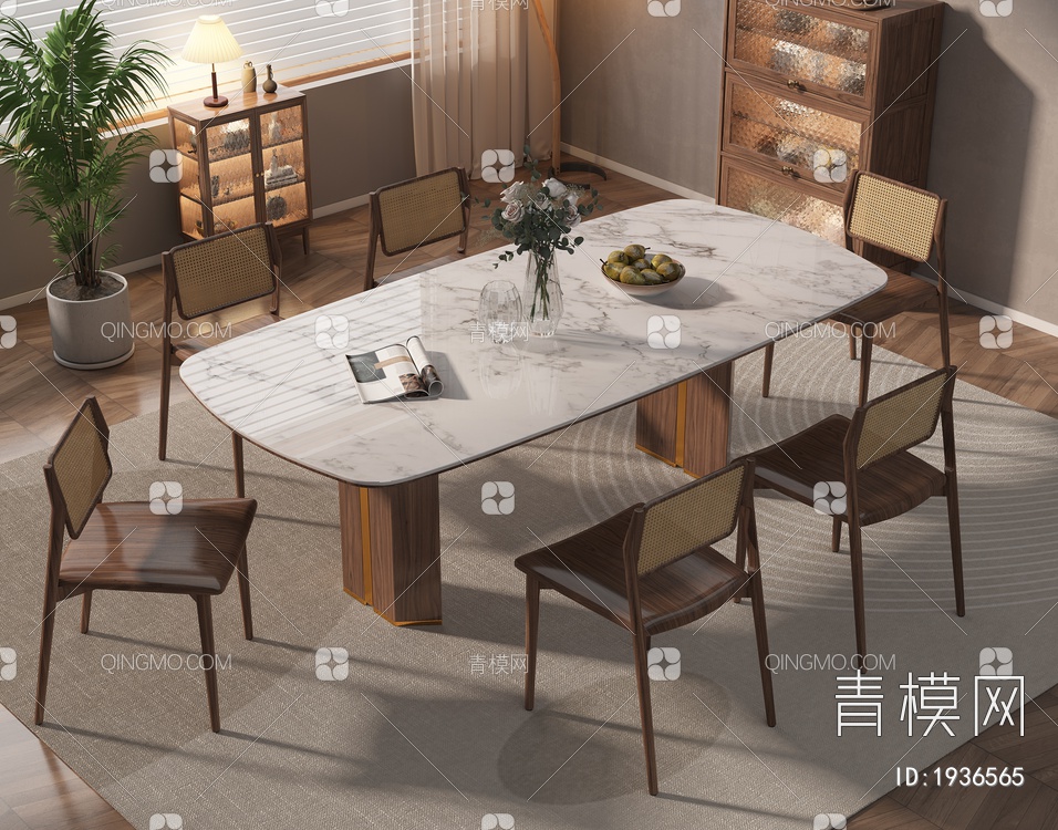 实木餐桌椅组合3D模型下载【ID:1936565】