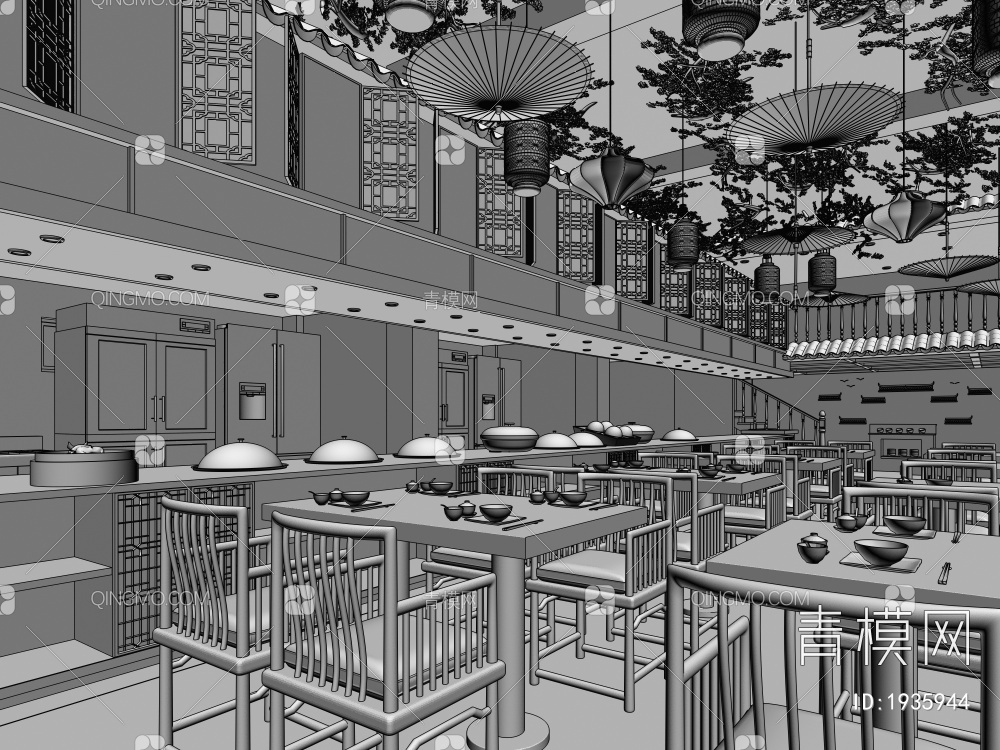 餐厅 餐桌椅组合 油纸伞 灯笼 樱花3D模型下载【ID:1935944】