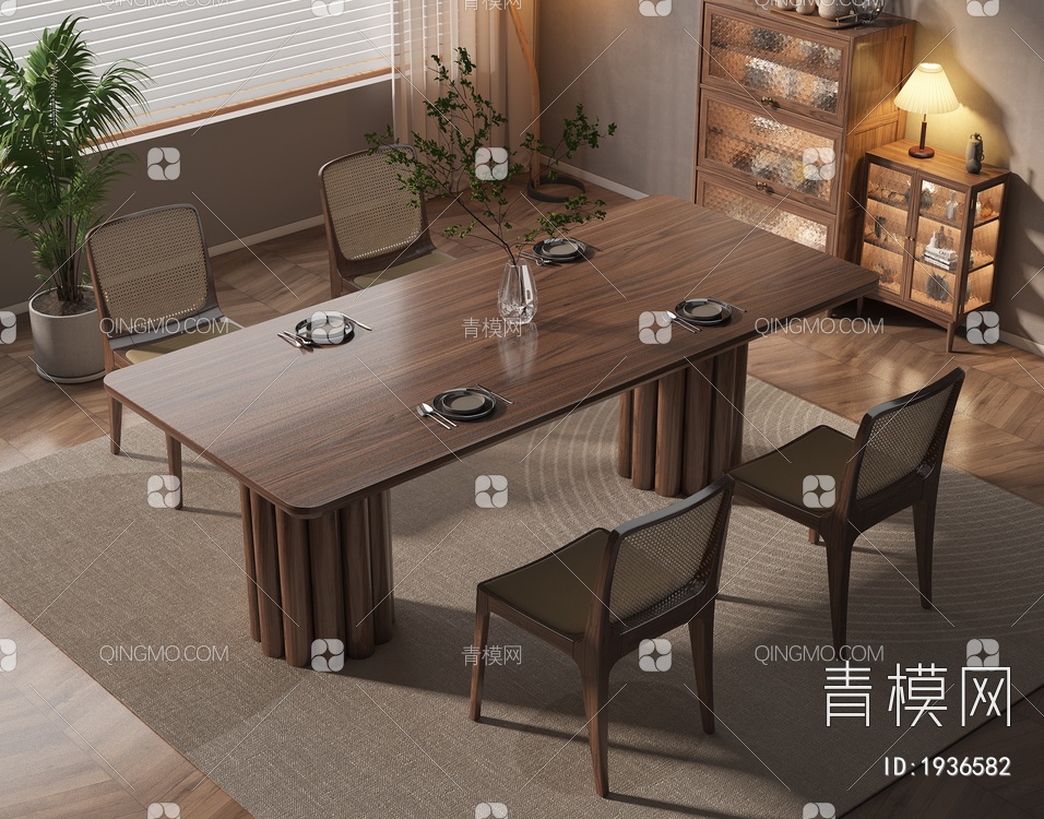 实木餐桌椅组合SU模型下载【ID:1936582】