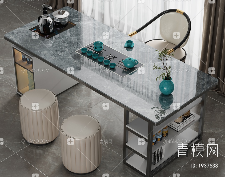大理石茶桌椅组合，茶室，大理石茶桌，茶台，岩板泡茶桌3D模型下载【ID:1937633】