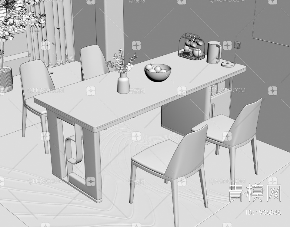 大理石餐桌椅组合，岩板餐桌，餐椅，靠背椅，盆栽，花瓶，装饰画3D模型下载【ID:1936846】