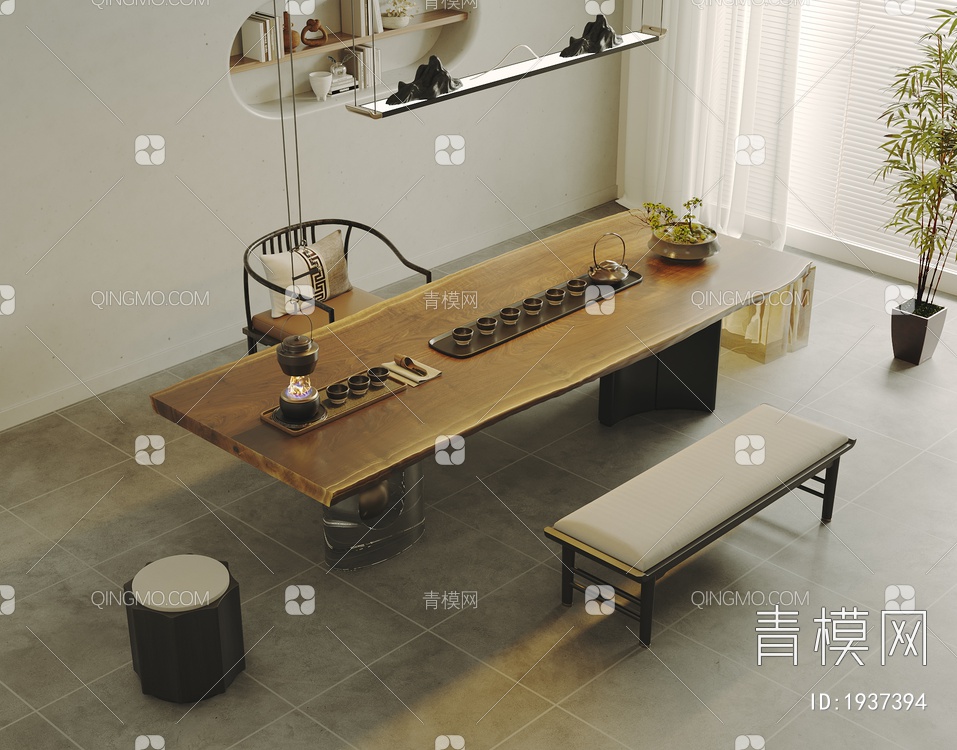 茶室 实木茶桌椅组合3D模型下载【ID:1937394】