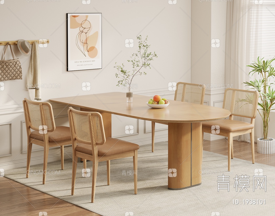 餐桌椅组合 实木靠背椅 书籍摆件 盆栽 装饰画 地毯3D模型下载【ID:1938101】