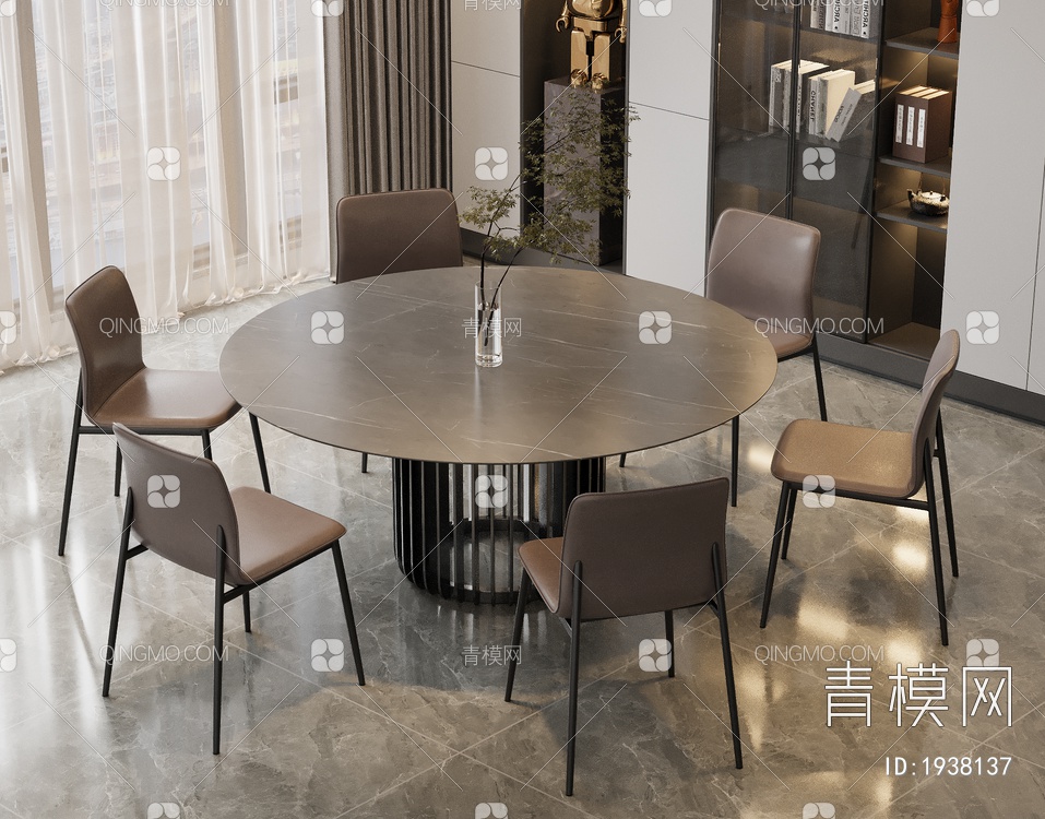 大理石餐桌椅组合 圆形岩板餐桌 皮革餐椅 书柜3D模型下载【ID:1938137】