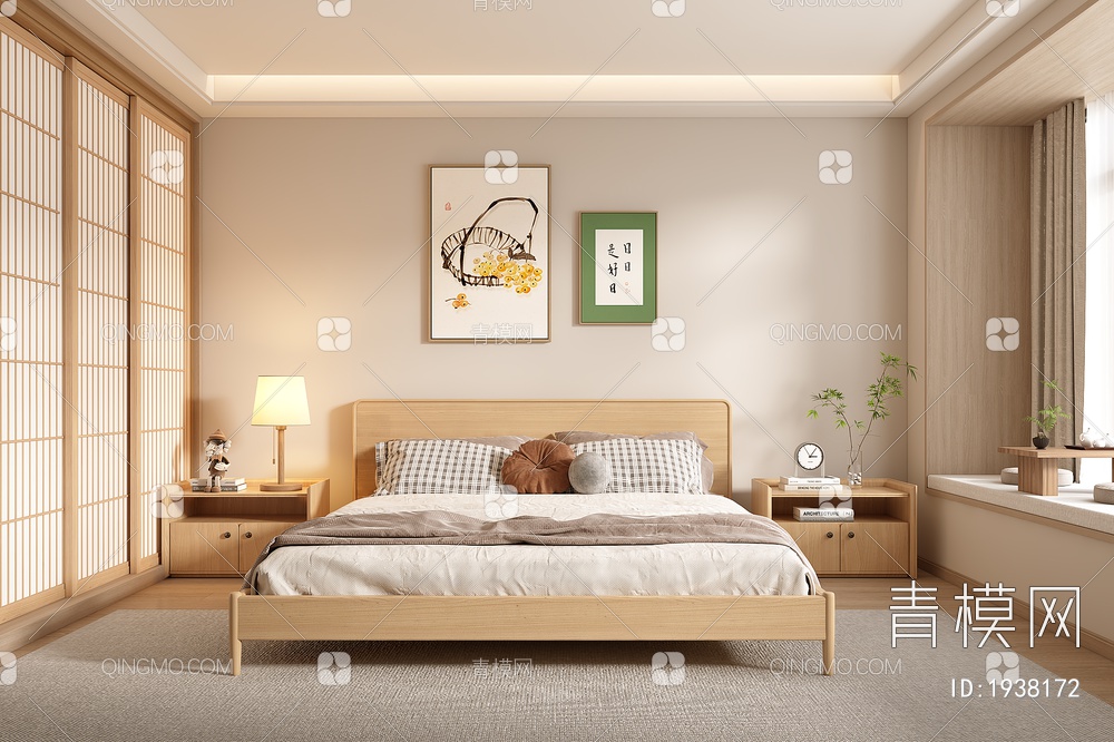家居卧室 实木双人床 主人房 床头柜 床具组合 装饰画 吊灯 蒲团3D模型下载【ID:1938172】