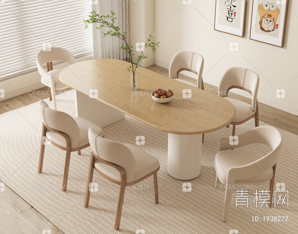餐桌椅组合 实木靠背椅 书籍摆件 盆栽 装饰画 地毯3D模型下载【ID:1938272】