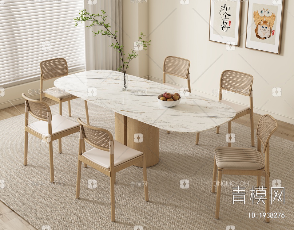 餐桌椅组合 实木靠背椅 书籍摆件 盆栽 装饰画 地毯3D模型下载【ID:1938276】