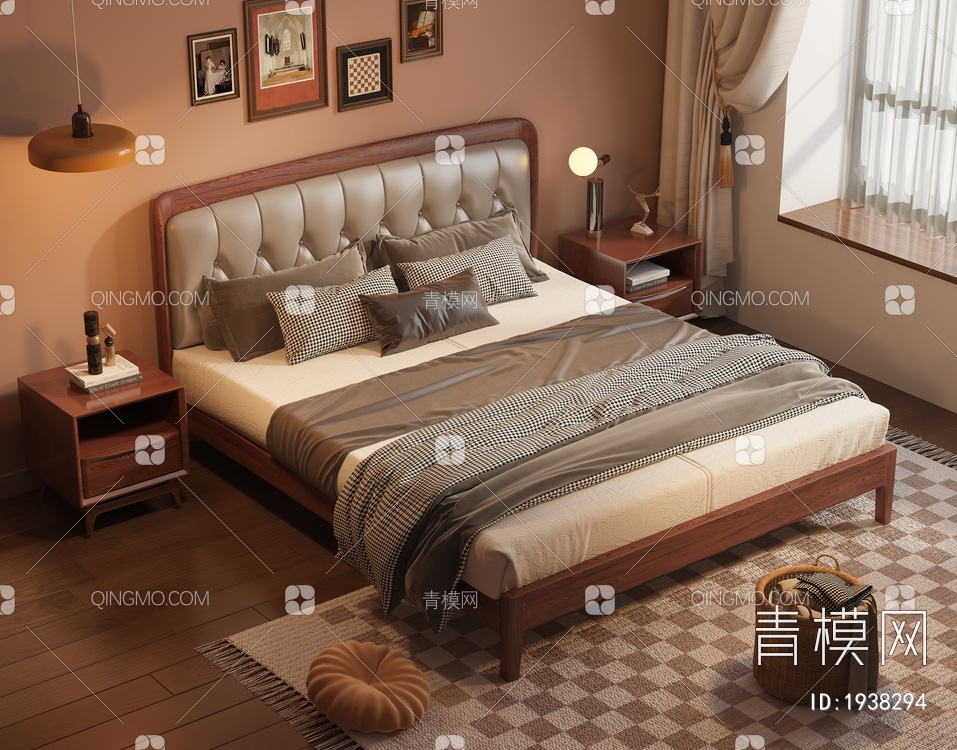 复古卧室 实木软包双人床 床头柜 吊灯3D模型下载【ID:1938294】
