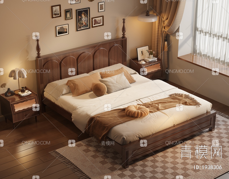 复古卧室 软包双人床 皮革床 床头柜 吊灯3D模型下载【ID:1938306】