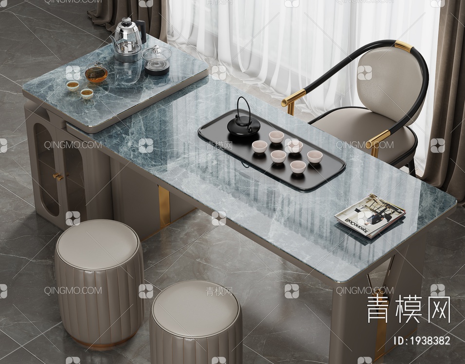 大理石茶桌椅组合 茶室 大理石茶桌 茶台 岩板泡茶桌 品茶区 茶盘茶具3D模型下载【ID:1938382】