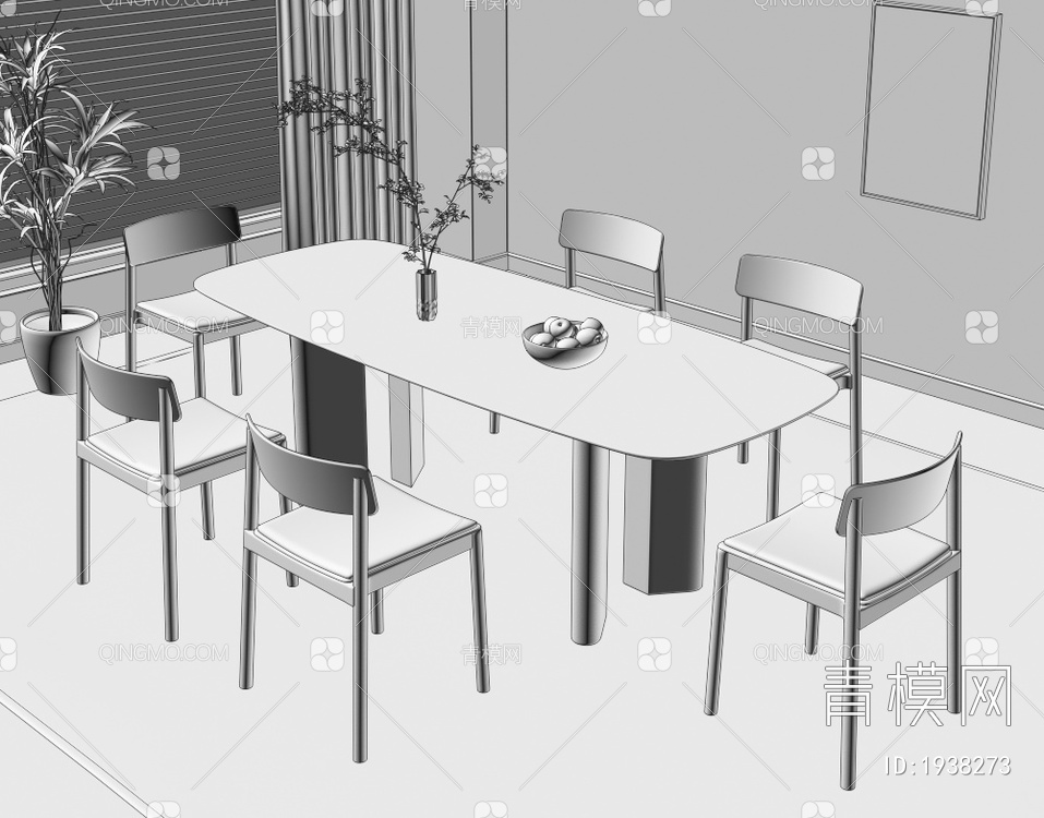 餐桌椅组合 实木靠背椅 书籍摆件 盆栽 装饰画 地毯3D模型下载【ID:1938273】