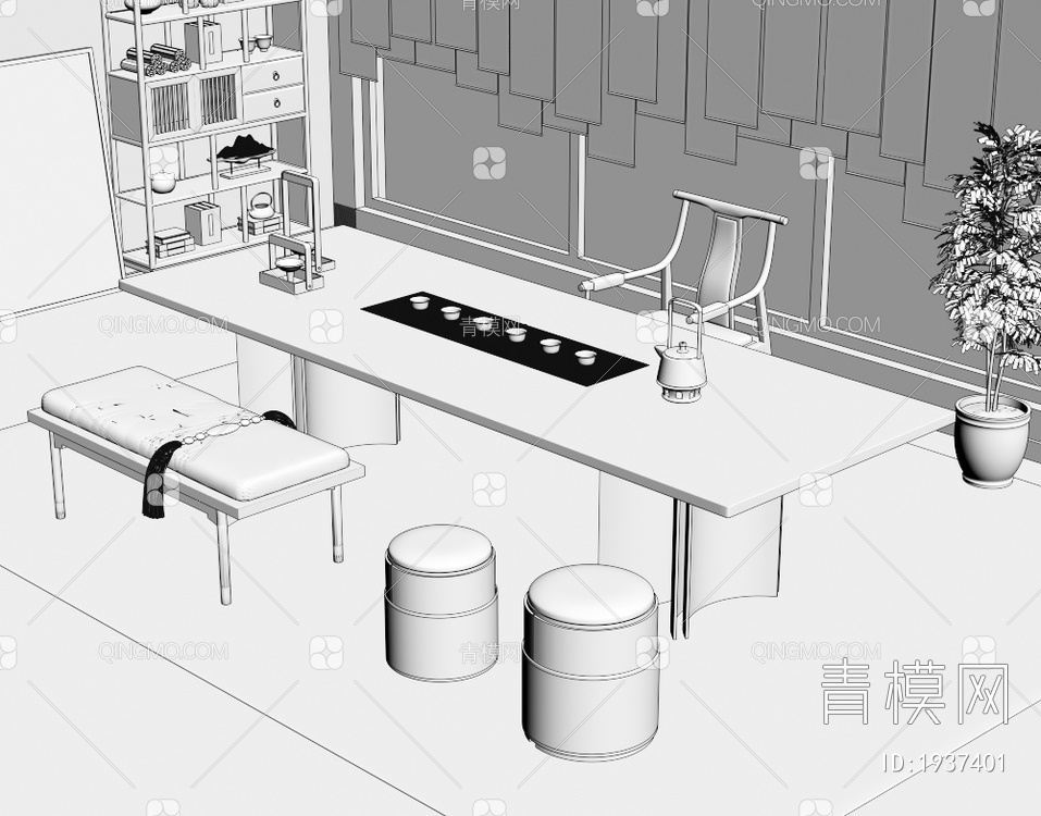 茶室 实木茶桌椅组合3D模型下载【ID:1937401】