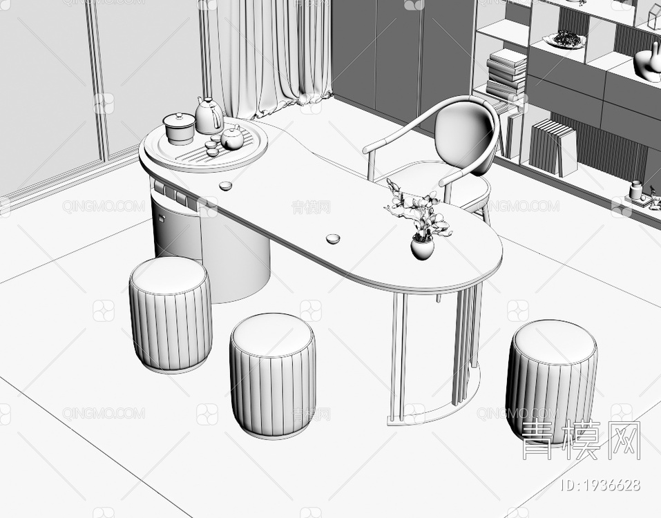 大理石茶桌椅组合3D模型下载【ID:1936628】