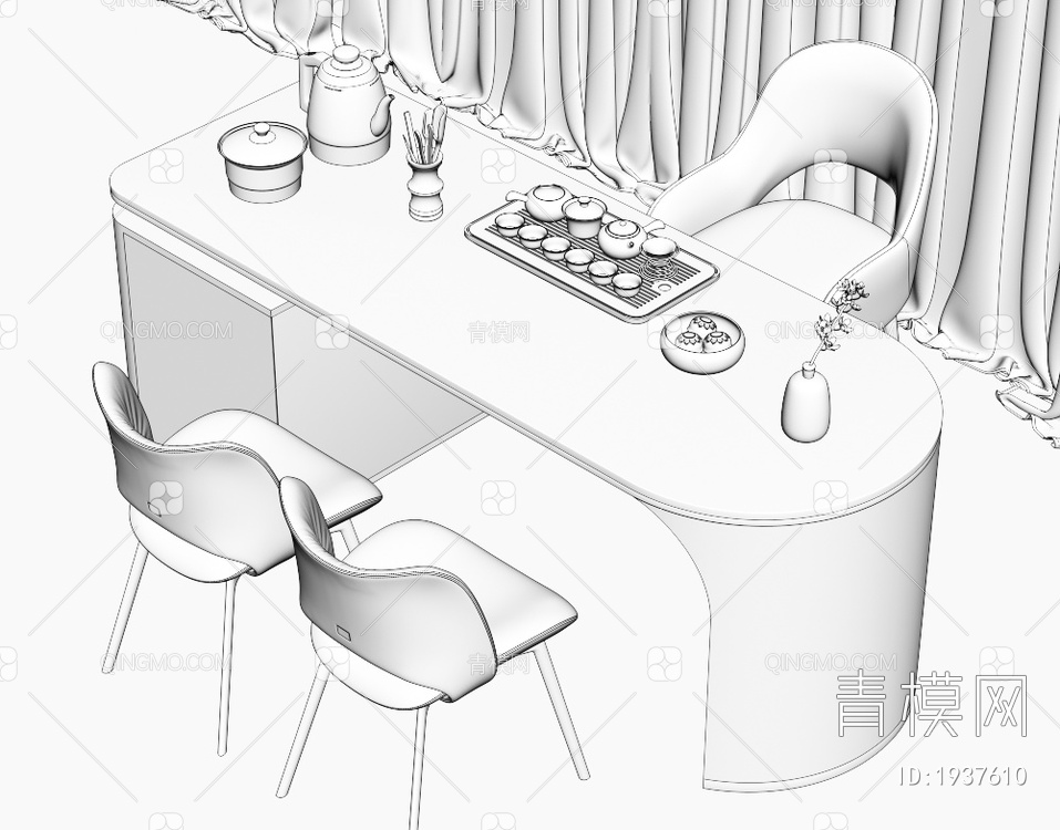 大理石茶桌椅组合 茶室 大理石茶桌 茶台 岩板泡茶桌 品茶区 茶盘茶具3D模型下载【ID:1937610】