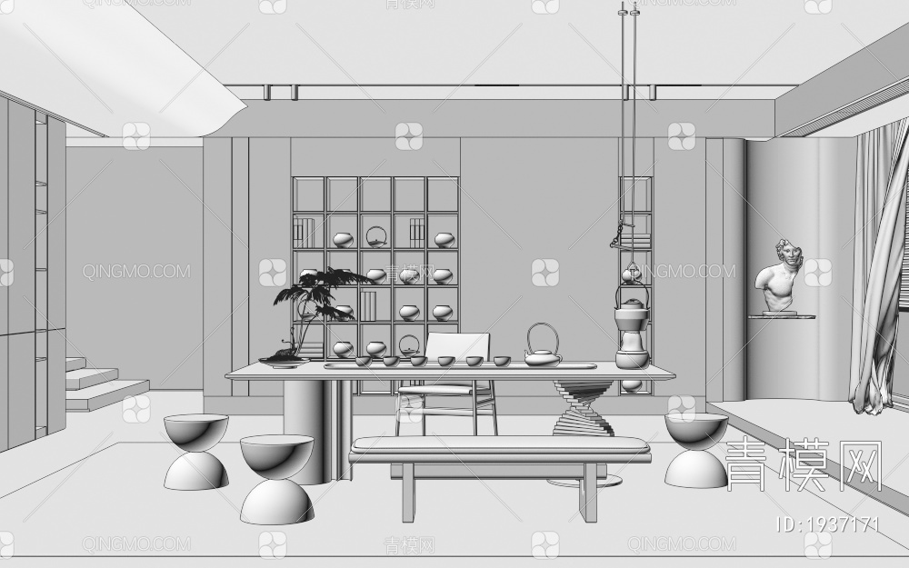 茶室 实木茶桌椅组合3D模型下载【ID:1937171】