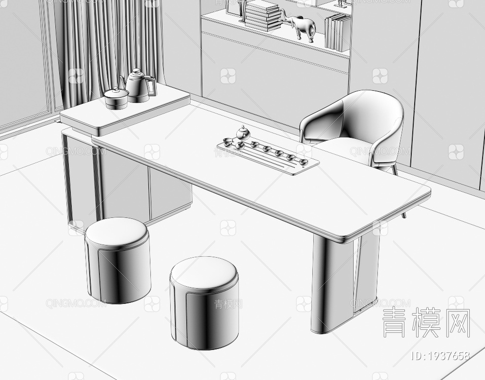 大理石茶桌椅组合 茶室 大理石茶桌 茶台 岩板泡茶桌 品茶区 茶盘茶具3D模型下载【ID:1937658】