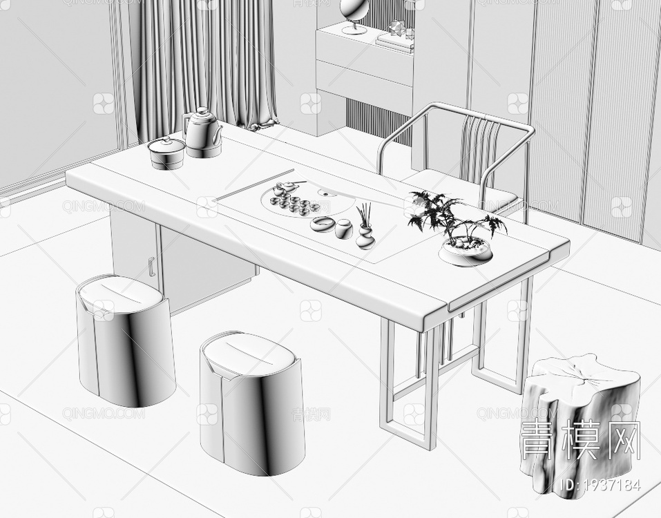 茶室 实木茶桌椅组合3D模型下载【ID:1937184】