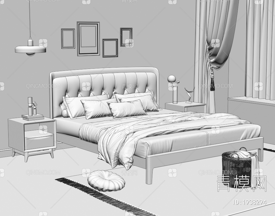 复古卧室 实木软包双人床 床头柜 吊灯3D模型下载【ID:1938294】