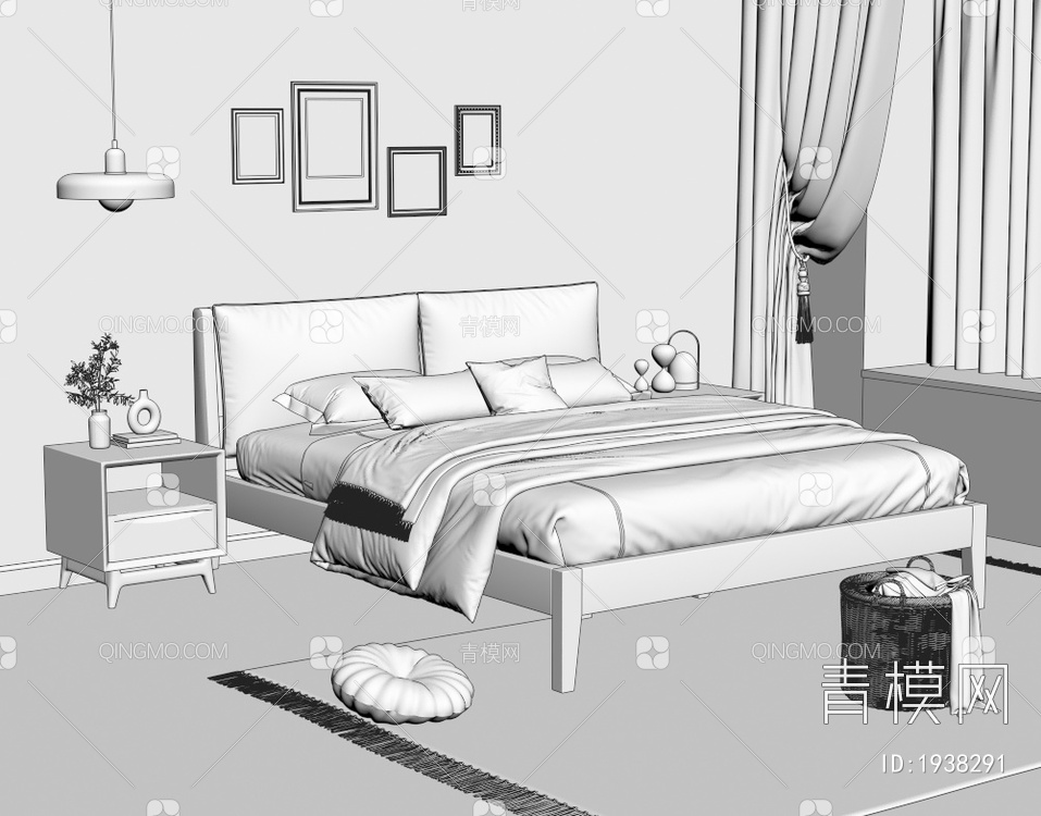复古卧室 实木软包双人床 床头柜 吊灯3D模型下载【ID:1938291】
