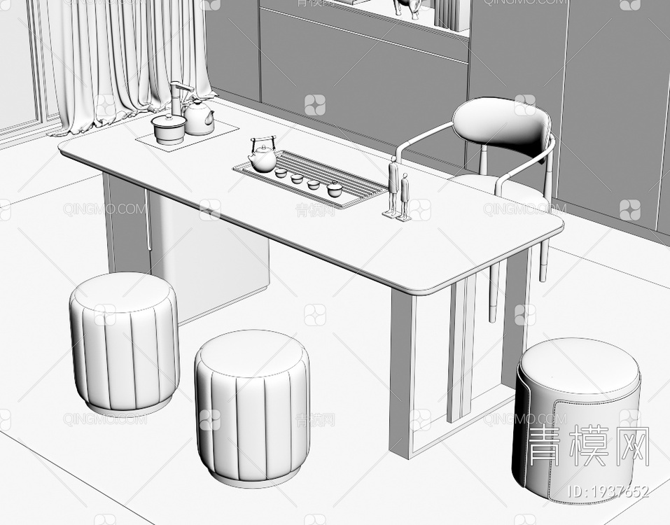 大理石茶桌椅组合 茶室 大理石茶桌 茶台 岩板泡茶桌 品茶区 茶盘茶具3D模型下载【ID:1937652】