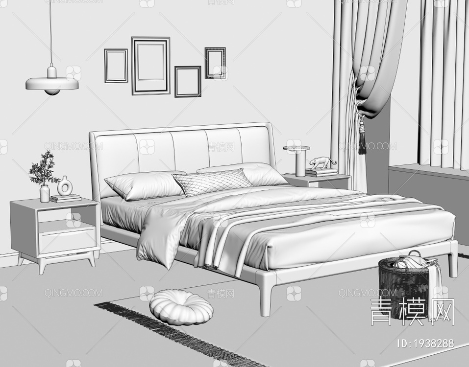 复古卧室 主卧 实木软包双人床 床头柜 吊灯 毛毯 装饰画 窗帘3D模型下载【ID:1938288】