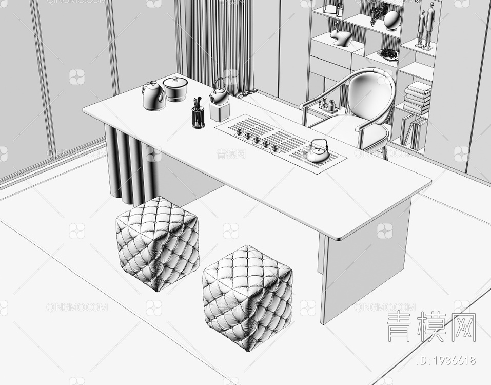 大理石茶桌椅组合3D模型下载【ID:1936618】