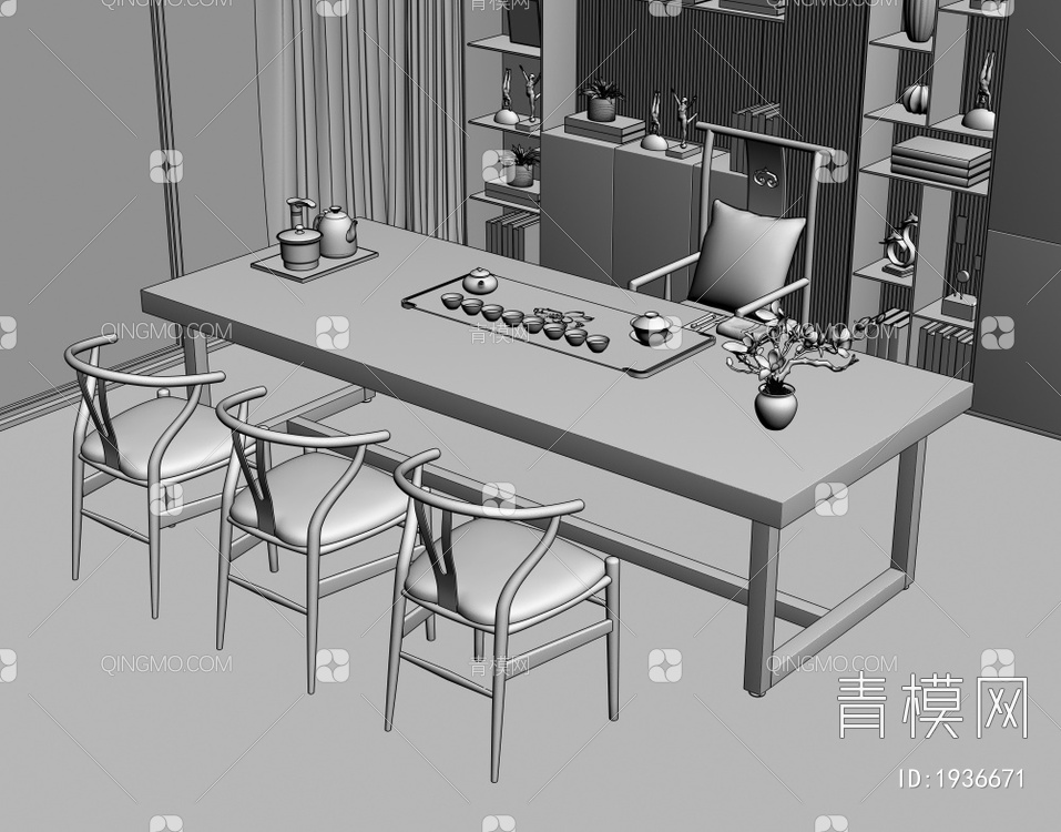 实木茶桌椅组合3D模型下载【ID:1936671】