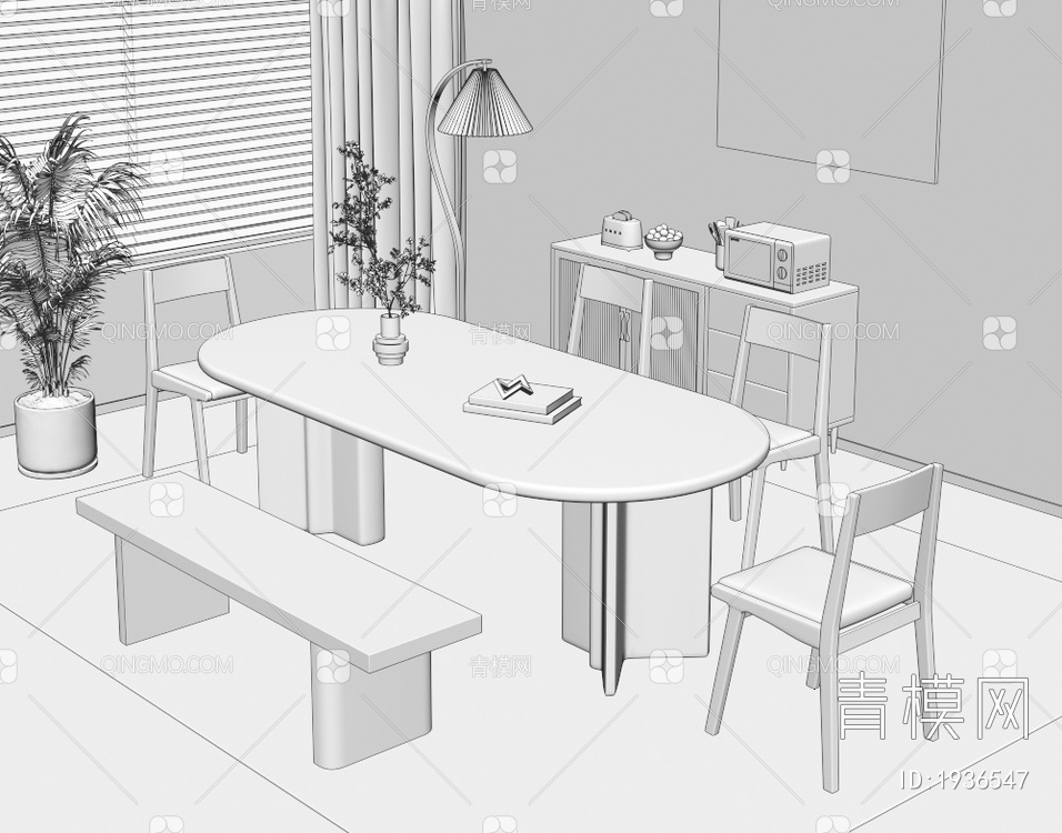 实木餐桌椅组合3D模型下载【ID:1936547】