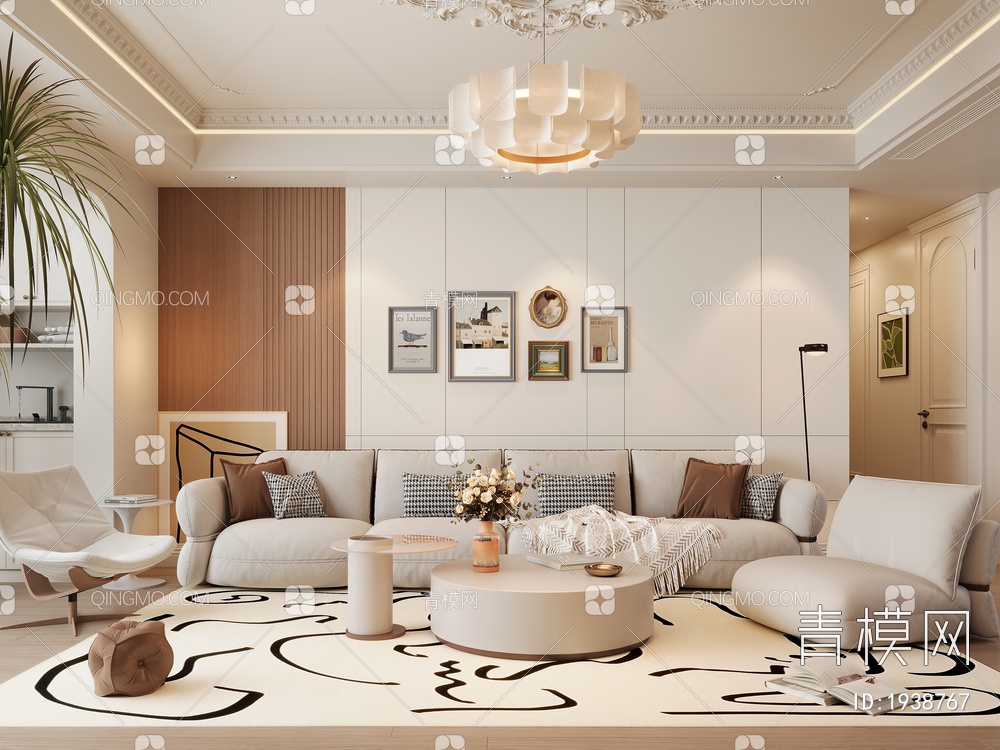 客厅，沙发组合，茶几，3D模型下载【ID:1938767】